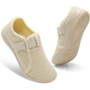 Spesoul Wide Womens Slippers Adjustable House Shoes Indoor Outdoor Barefoot Slippers Cozy Walking Shoe Swollen Edema Diabetic Shoes(Beige White)