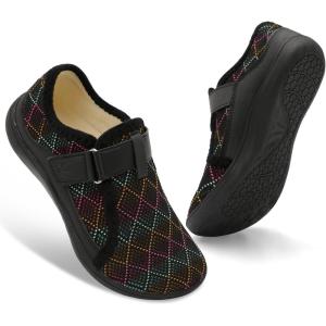 Spesoul Wide Womens Slippers Adjustable House Shoes Indoor Outdoor Barefoot Slippers Cozy Walking Shoe Swollen Edema Diabetic Shoes(Plaid Black)