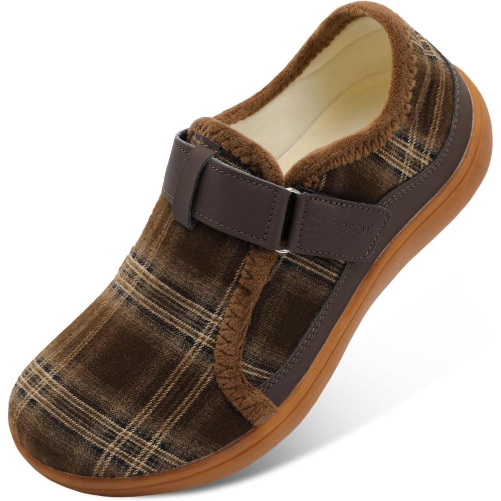 imageSpesoul Mens Wide Slippers Rubber Sole House Slippers Adjustable Diabetic Shoes Swollen Edema House Shoes for Indoor Outdoor WalkingGridbrown
