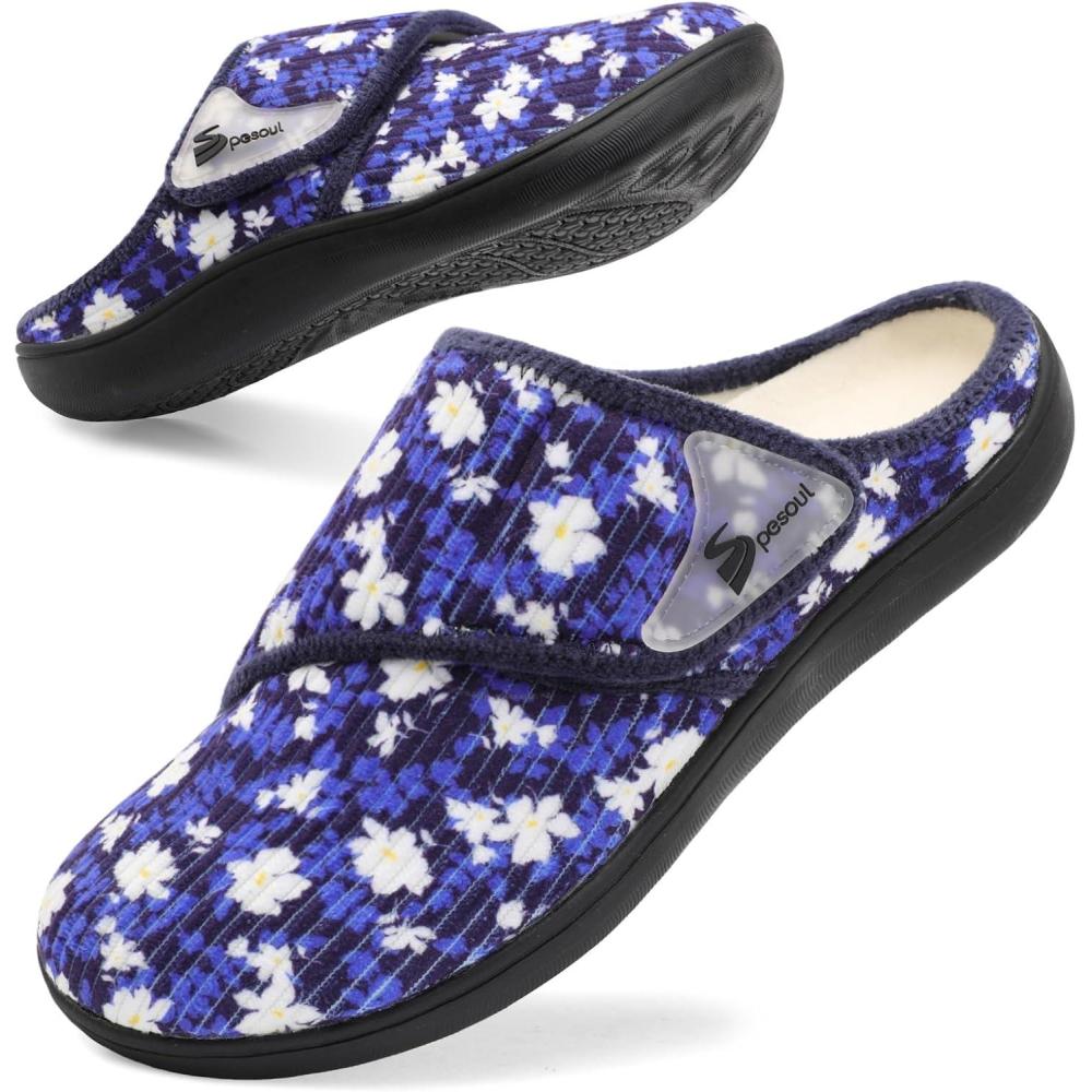 imageSpesoul Wide Womens Slippers Adjustable Diabetic Shoes Fuzzy Rubber Soles House Shoes Indoor Outdoor Slippers for Home Bedroom Swollen Edema FeetBlueflower