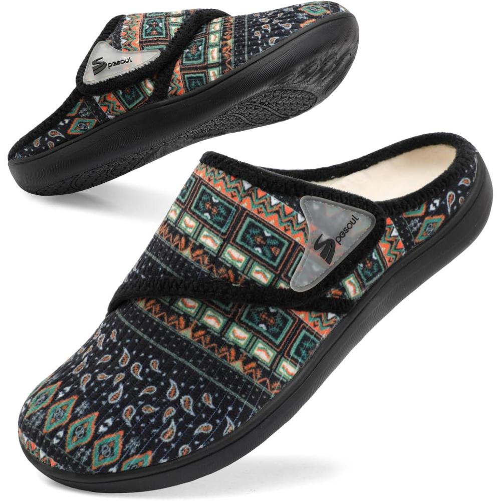 imageSpesoul Wide Womens Slippers Adjustable Diabetic Shoes Fuzzy Rubber Soles House Shoes Indoor Outdoor Slippers for Home Bedroom Swollen Edema FeetBoxiblack