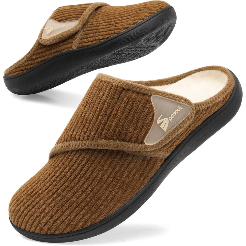 imageSpesoul Wide Womens Slippers Adjustable Diabetic Shoes Fuzzy Rubber Soles House Shoes Indoor Outdoor Slippers for Home Bedroom Swollen Edema FeetBrown