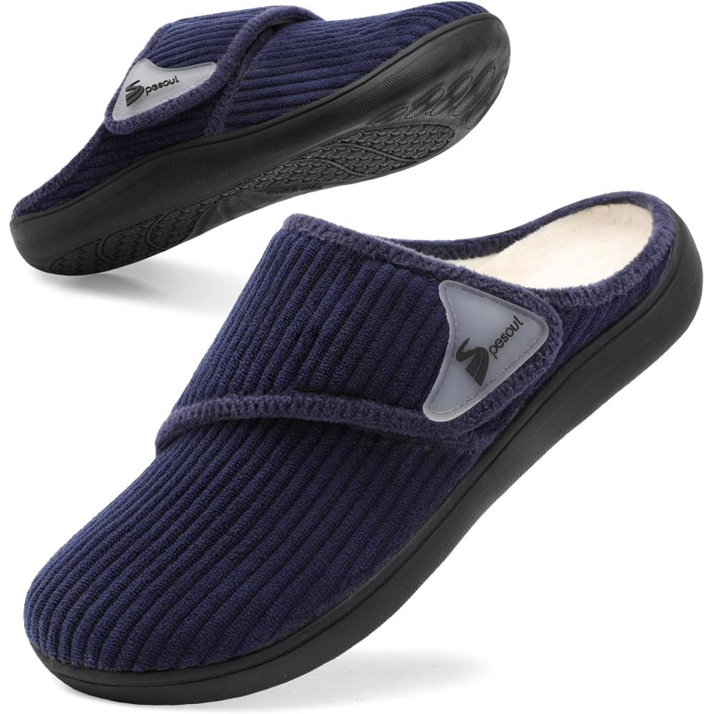 imageSpesoul Wide Womens Slippers Adjustable Diabetic Shoes Fuzzy Rubber Soles House Shoes Indoor Outdoor Slippers for Home Bedroom Swollen Edema FeetNavy