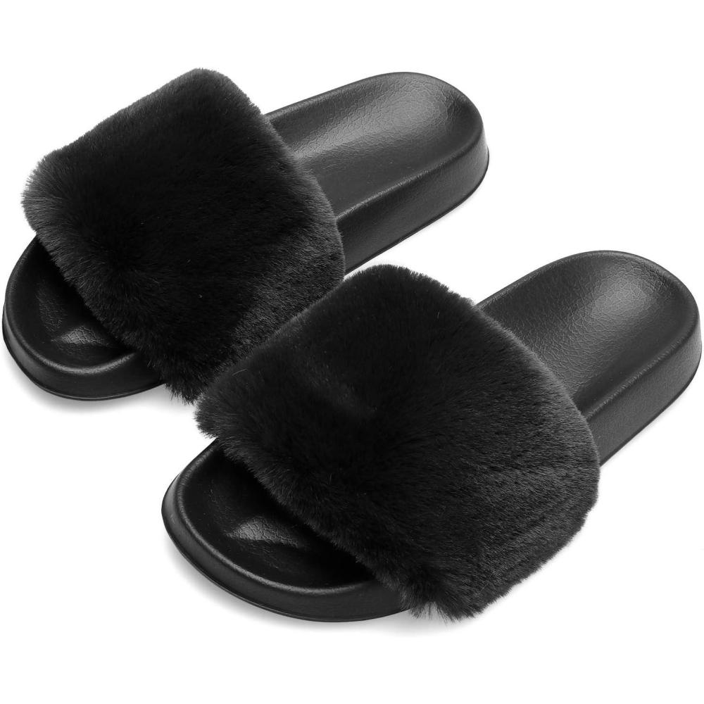 imageSpesoul Womens Fuzzy Slides Open Toe Furry Slide Slippers Indoor Outdoor Slides Sandals Casual Flat Fluffy House SlippersBlack