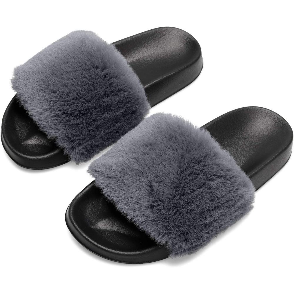 imageSpesoul Womens Fuzzy Slides Open Toe Furry Slide Slippers Indoor Outdoor Slides Sandals Casual Flat Fluffy House SlippersC Dark Grey