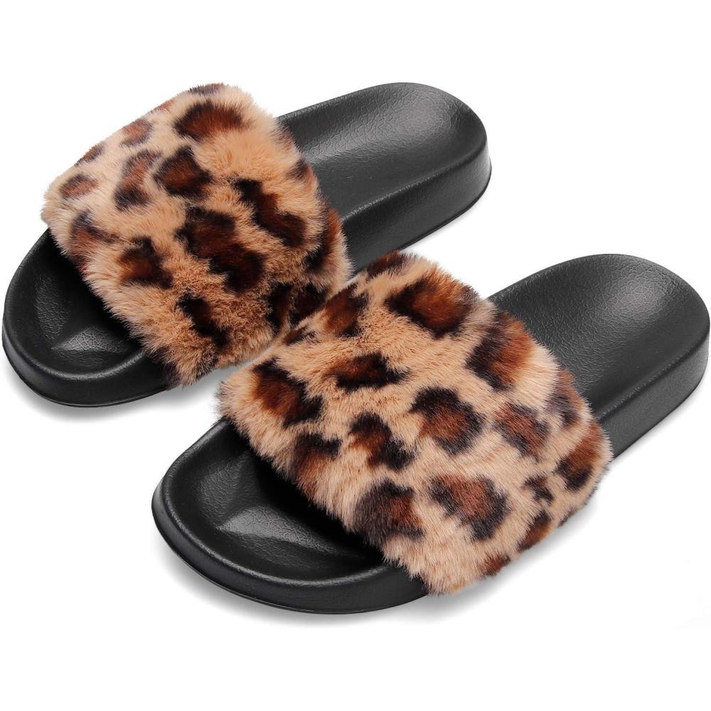 imageSpesoul Womens Fuzzy Slides Open Toe Furry Slide Slippers Indoor Outdoor Slides Sandals Casual Flat Fluffy House SlippersC Leopattern