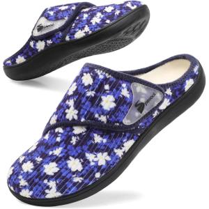 Spesoul Wide Womens Slippers Adjustable Diabetic Shoes Fuzzy Rubber Soles House Shoes Indoor Outdoor Slippers for Home Bedroom Swollen Edema Feet(Blueflower)
