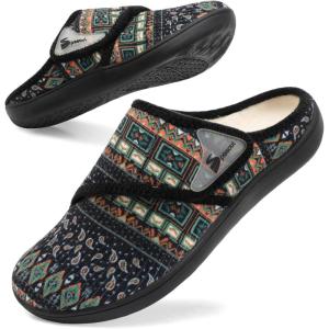 Spesoul Wide Womens Slippers Adjustable Diabetic Shoes Fuzzy Rubber Soles House Shoes Indoor Outdoor Slippers for Home Bedroom Swollen Edema Feet(Boxiblack)