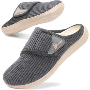 Spesoul Wide Womens Slippers Adjustable Diabetic Shoes Fuzzy Rubber Soles House Shoes Indoor Outdoor Slippers for Home Bedroom Swollen Edema Feet(Darkgrey)