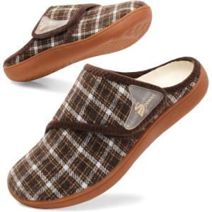 Spesoul Wide Womens Slippers Adjustable Diabetic Shoes Fuzzy Rubber Soles House Shoes Indoor Outdoor Slippers for Home Bedroom Swollen Edema Feet(Plaidbrown)
