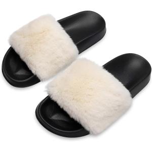 Spesoul Womens Fuzzy Slides Open Toe Furry Slide Slippers Indoor Outdoor Slides Sandals Casual Flat Fluffy House Slippers(C Apricot)