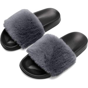Spesoul Womens Fuzzy Slides Open Toe Furry Slide Slippers Indoor Outdoor Slides Sandals Casual Flat Fluffy House Slippers(C Dark Grey)