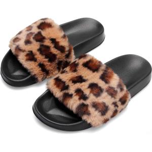 Spesoul Womens Fuzzy Slides Open Toe Furry Slide Slippers Indoor Outdoor Slides Sandals Casual Flat Fluffy House Slippers(C Leopattern)