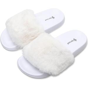 Spesoul Womens Fuzzy Slides Open Toe Furry Slide Slippers Indoor Outdoor Slides Sandals Casual Flat Fluffy House Slippers(C White)