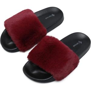 Spesoul Womens Fuzzy Slides Open Toe Furry Slide Slippers Indoor Outdoor Slides Sandals Casual Flat Fluffy House Slippers(D Wine)