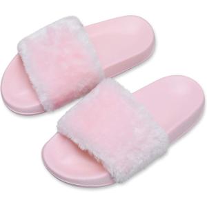 Spesoul Womens Fuzzy Slides Open Toe Furry Slide Slippers Indoor Outdoor Slides Sandals Casual Flat Fluffy House Slippers(Pink)
