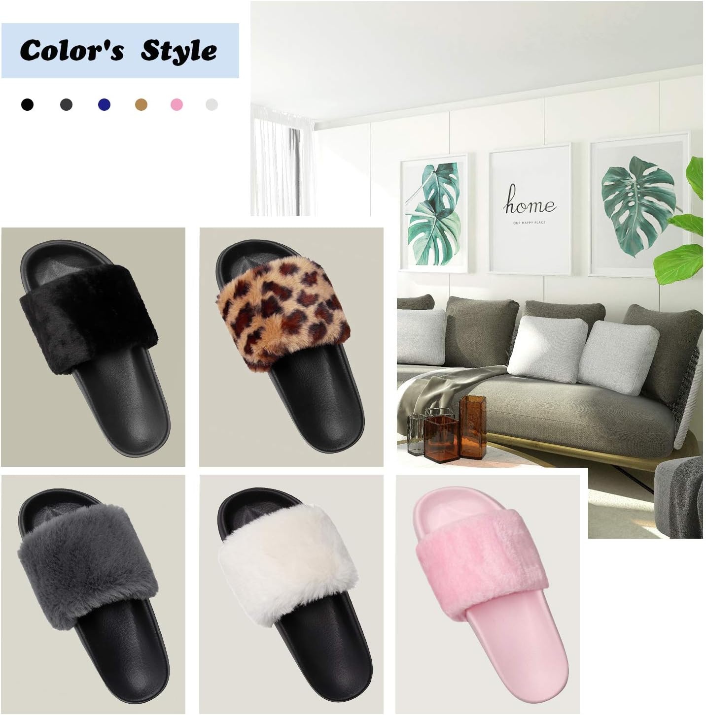 image:imageSlides for Women Womens Slippers Fur Fuzzy Fluffy for House Bedroom Flat Slide Sandals Faux Fur Open Toe Arch Support Casual Indoor Outdoor Summer WinterC Leopattern