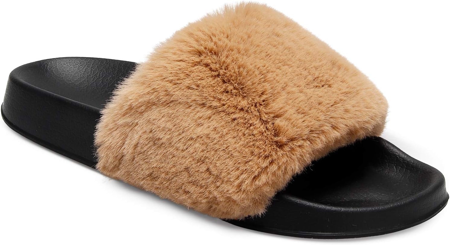 image:imageSlides for Women Womens Slippers Fur Fuzzy Fluffy for House Bedroom Flat Slide Sandals Faux Fur Open Toe Arch Support Casual Indoor Outdoor Summer WinterC Brown