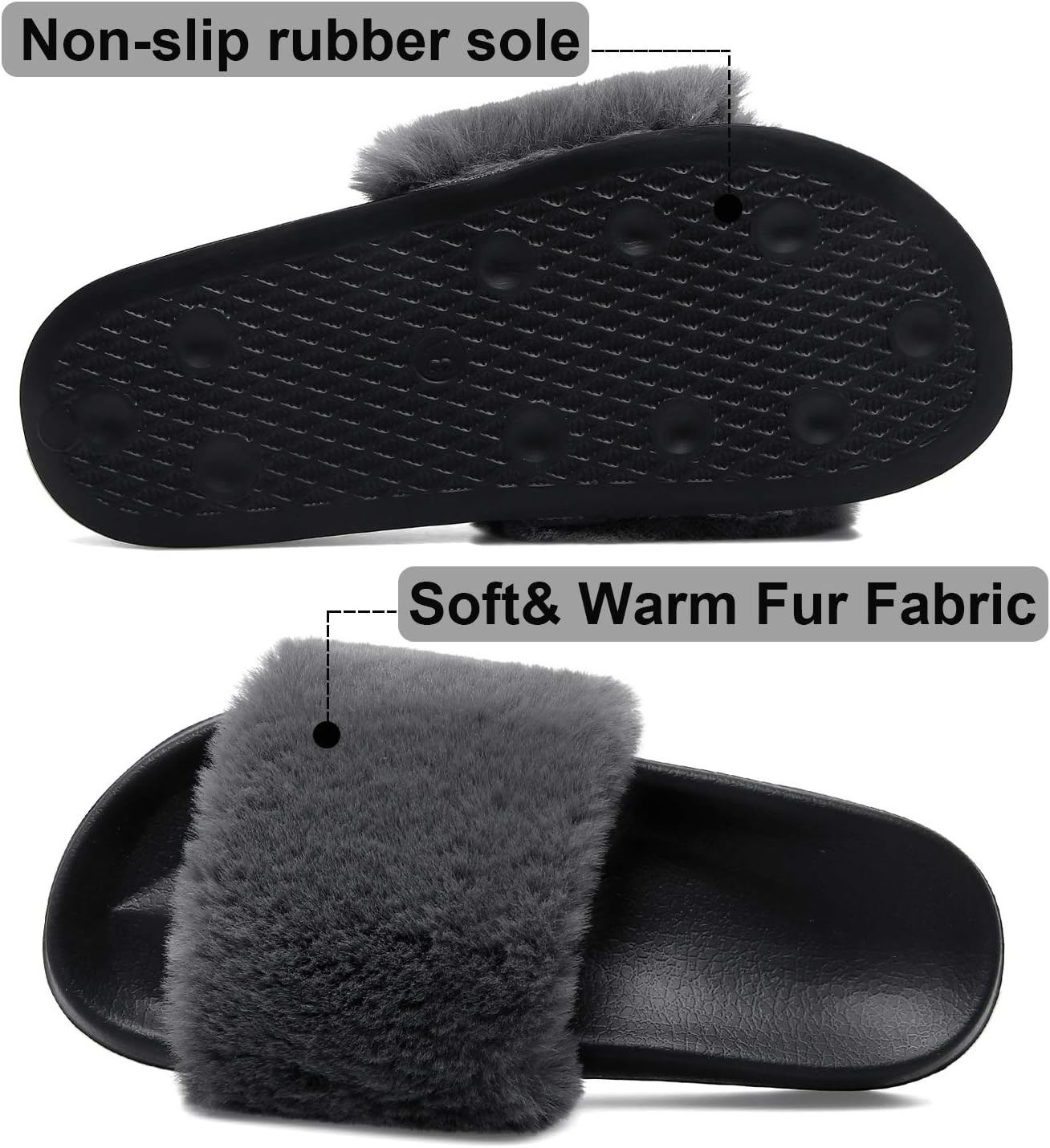 image:imageSlides for Women Womens Slippers Fur Fuzzy Fluffy for House Bedroom Flat Slide Sandals Faux Fur Open Toe Arch Support Casual Indoor Outdoor Summer WinterC Dark Grey