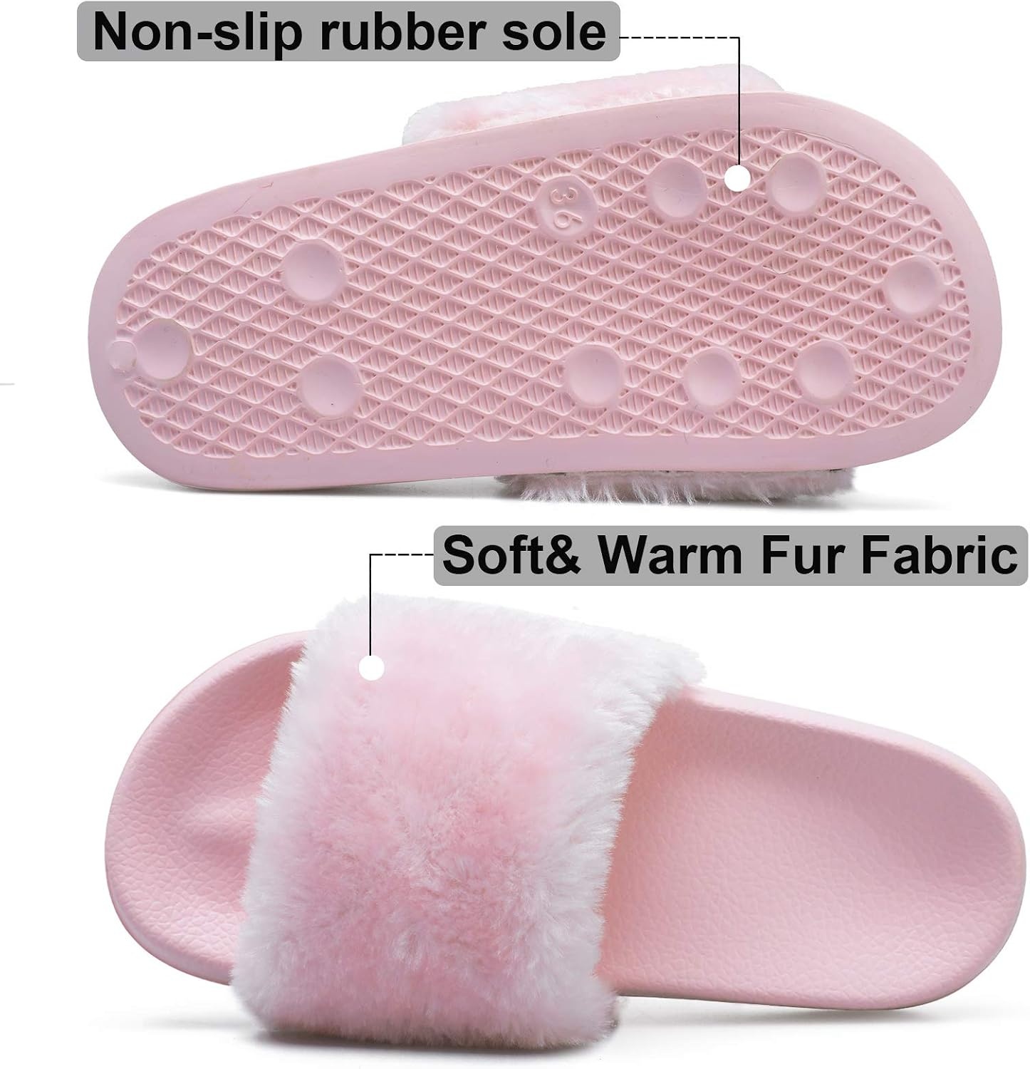 image:imageSlides for Women Womens Slippers Fur Fuzzy Fluffy for House Bedroom Flat Slide Sandals Faux Fur Open Toe Arch Support Casual Indoor Outdoor Summer WinterPink