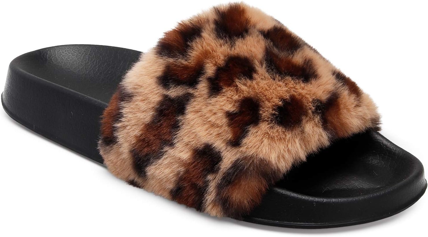 image:imageSlides for Women Womens Slippers Fur Fuzzy Fluffy for House Bedroom Flat Slide Sandals Faux Fur Open Toe Arch Support Casual Indoor Outdoor Summer WinterC Leopattern