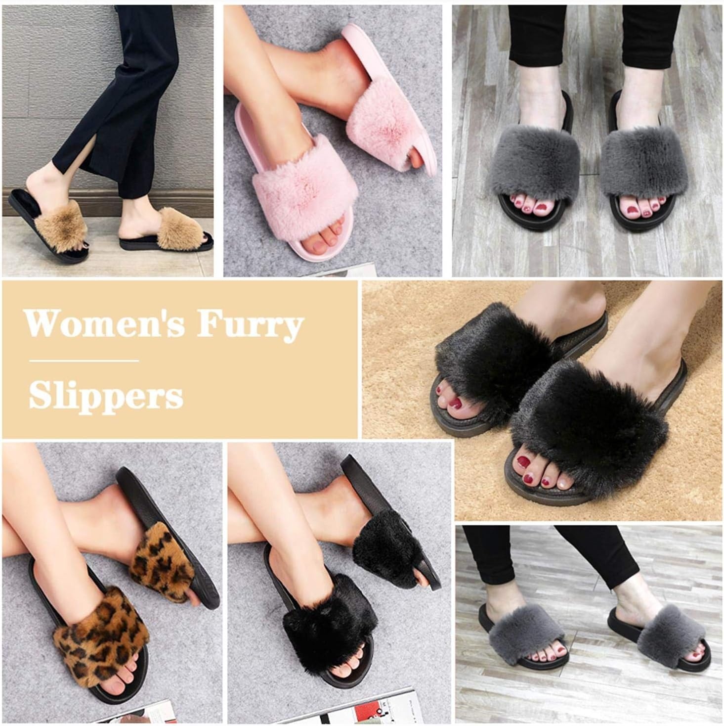 image:imageSlides for Women Womens Slippers Fur Fuzzy Fluffy for House Bedroom Flat Slide Sandals Faux Fur Open Toe Arch Support Casual Indoor Outdoor Summer WinterC Dark Grey