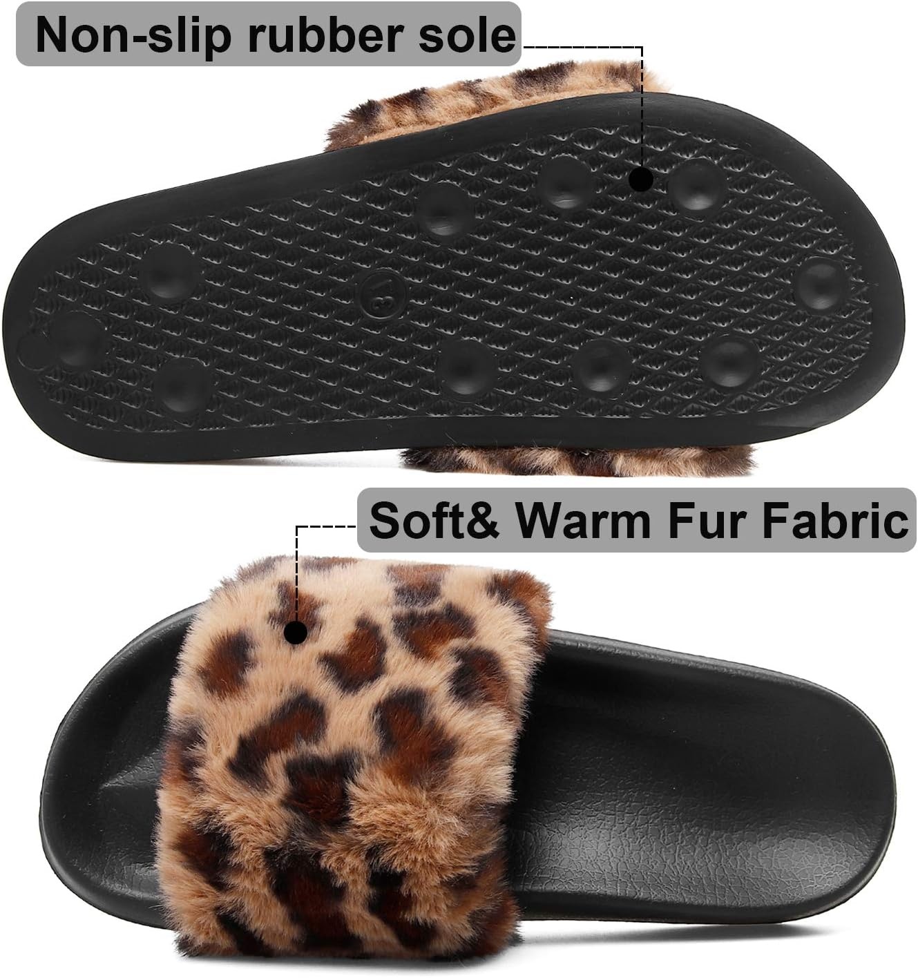 image:imageSlides for Women Womens Slippers Fur Fuzzy Fluffy for House Bedroom Flat Slide Sandals Faux Fur Open Toe Arch Support Casual Indoor Outdoor Summer WinterC Leopattern