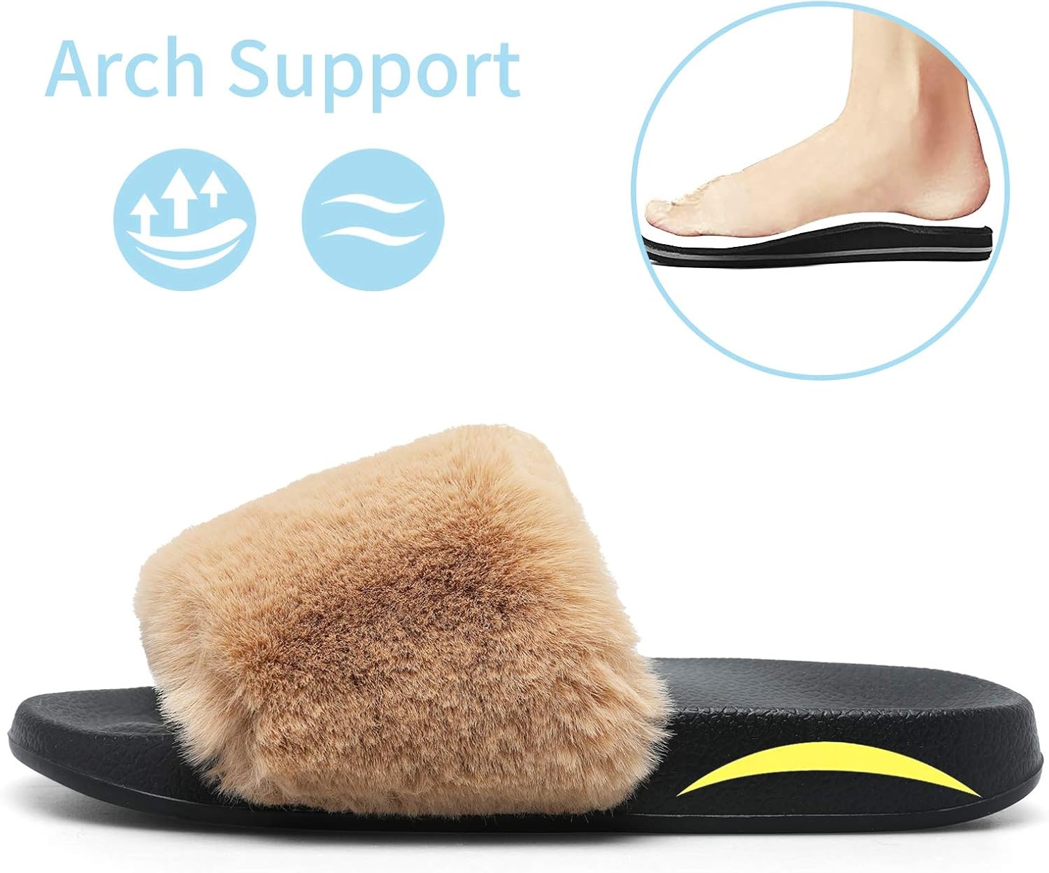 image:imageSlides for Women Womens Slippers Fur Fuzzy Fluffy for House Bedroom Flat Slide Sandals Faux Fur Open Toe Arch Support Casual Indoor Outdoor Summer WinterC Brown