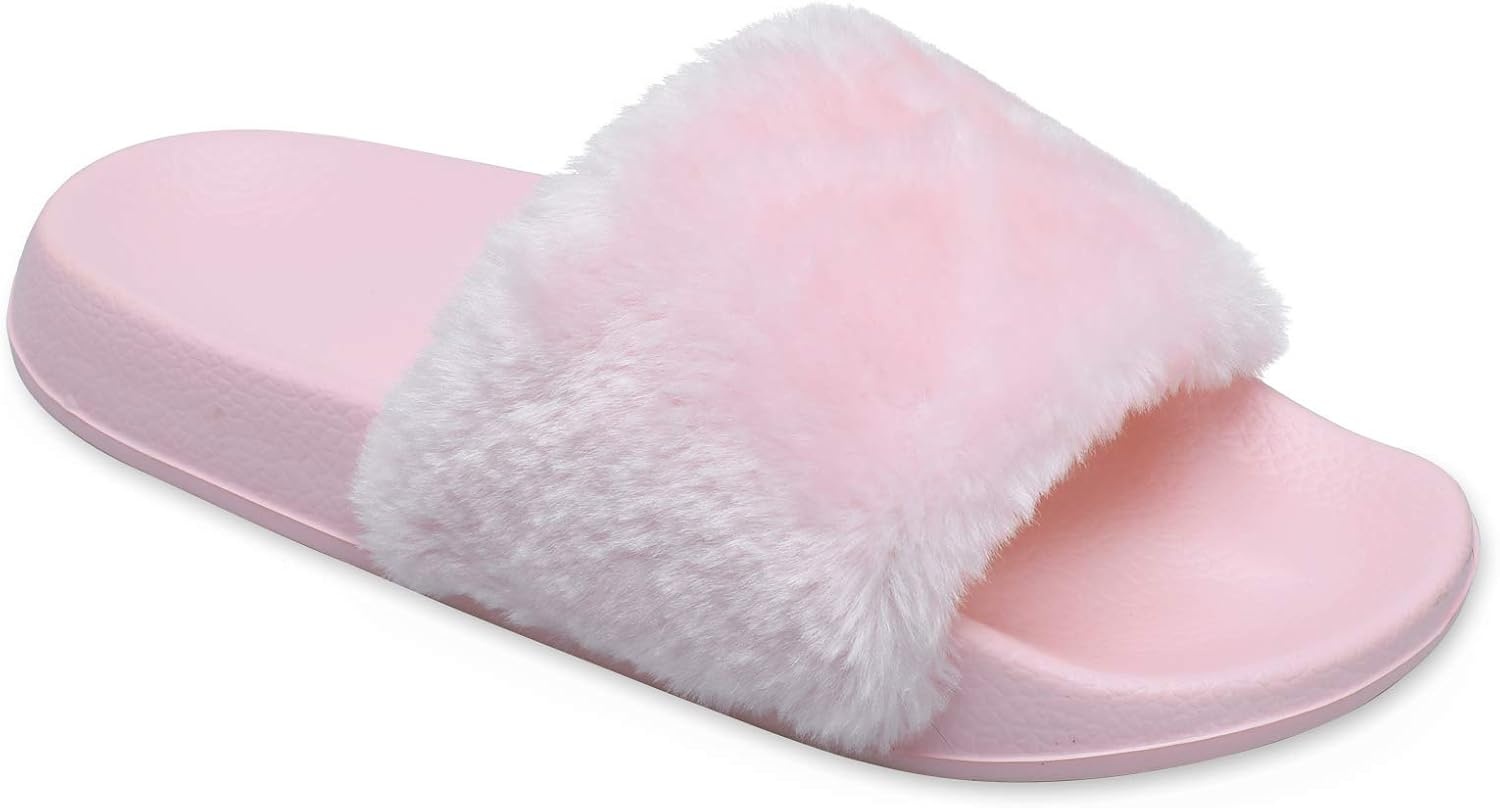 image:imageSlides for Women Womens Slippers Fur Fuzzy Fluffy for House Bedroom Flat Slide Sandals Faux Fur Open Toe Arch Support Casual Indoor Outdoor Summer WinterPink
