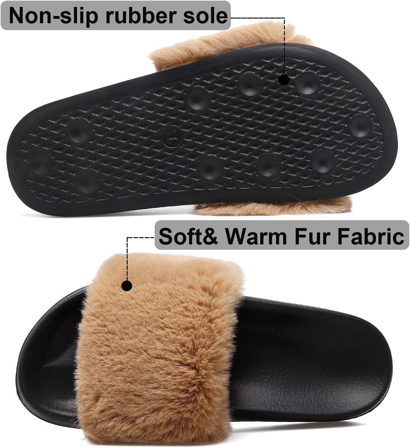 image:imageSlides for Women Womens Slippers Fur Fuzzy Fluffy for House Bedroom Flat Slide Sandals Faux Fur Open Toe Arch Support Casual Indoor Outdoor Summer WinterC Brown