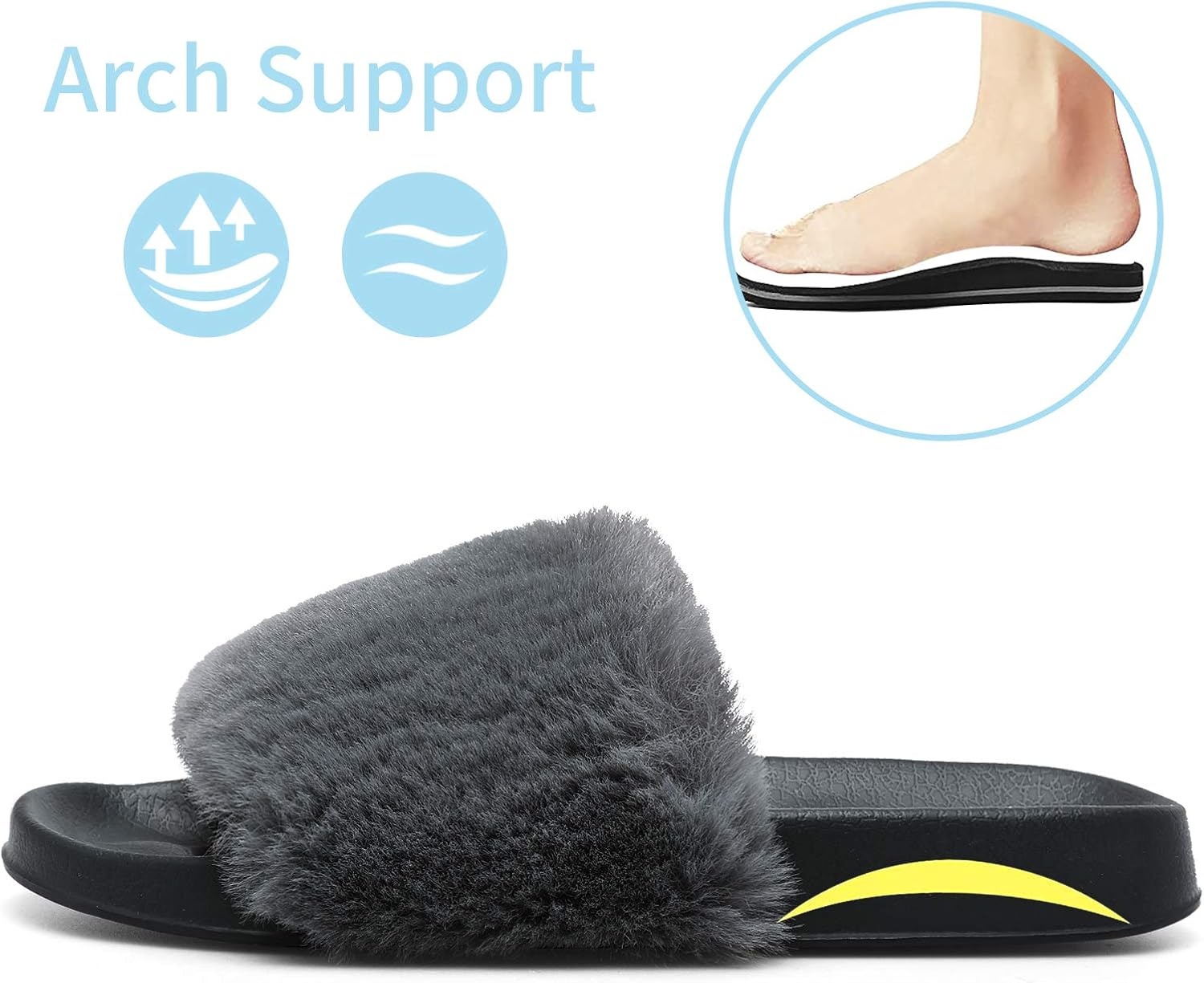 image:imageSlides for Women Womens Slippers Fur Fuzzy Fluffy for House Bedroom Flat Slide Sandals Faux Fur Open Toe Arch Support Casual Indoor Outdoor Summer WinterC Dark Grey