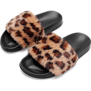 Slides for Women Womens Slippers Fur Fuzzy Fluffy for House Bedroom | Flat Slide Sandals Faux Fur Open Toe Arch Support Casual Indoor Outdoor Summer Winter(C Leopattern)