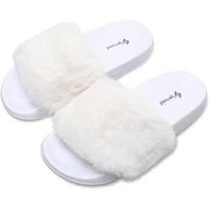 Slides for Women Womens Slippers Fur Fuzzy Fluffy for House Bedroom | Flat Slide Sandals Faux Fur Open Toe Arch Support Casual Indoor Outdoor Summer Winter(C White)