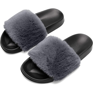 Slides for Women Womens Slippers Fur Fuzzy Fluffy for House Bedroom | Flat Slide Sandals Faux Fur Open Toe Arch Support Casual Indoor Outdoor Summer Winter(C Dark Grey)